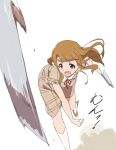  1girl blush brown_eyes brown_hair commentary_request highres holding holding_knife idolmaster idolmaster_million_live! knife long_hair looking_at_viewer miyao_miya open_mouth school_uniform socks solo throwing umanosuke white_background white_socks 