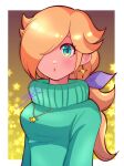  1girl alternate_costume blonde_hair blue_eyes blue_sweater earrings eyelashes hair_over_one_eye highres jewelry long_hair looking_at_viewer mario_(series) nonoworks parted_lips rosalina signature solo star_(symbol) star_earrings super_mario_galaxy sweater upper_body 