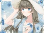  1girl adjusting_clothes adjusting_headwear artist_name bangs blue_eyes blue_flower blue_gemstone blue_ribbon blue_shirt blue_sky blunt_bangs blush border brown_hair closed_mouth cloud collarbone commentary day eyelashes flower frilled_sleeves frills gem hand_up hat holding holding_flower jewelry kompeitou_(lemon_garden) light_particles lighthouse long_hair necklace original outside_border puffy_sleeves ribbon shirt short_sleeves sidelocks signature sky smile solo sun_hat tareme upper_body white_border white_headwear 