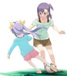  2girls a1 aqua_sweater ball black_tank_top brown_skirt collarbone commentary_request covered_face facing_away floating_hair from_behind grass green_sweater hair_ribbon kicking kneepits long_hair long_sleeves medium_hair miyauchi_hikage miyauchi_renge multiple_girls non_non_biyori off-shoulder_sweater off_shoulder one_side_up outdoors pink_shorts purple_eyes purple_hair purple_tank_top ribbon sandals shoes short_sleeves shorts siblings sisters skirt soccer soccer_ball socks sweater tank_top twintails white_background white_socks yellow_ribbon 