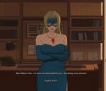 1girl absurdres amugea arms_under_breasts averting_eyes bare_shoulders blonde_blazer blonde_hair blue_dress blue_eyes blue_gloves blue_mask blush breasts cleavage crossed_arms curvy dispatch domino_mask dress elbow_gloves english_text eye_mask gem gloves highres jewelry large_breasts long_dress long_hair mask necklace red_gem side_slit smile solo strapless strapless_dress subtitled variant_set 