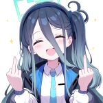  1girl ai-generated aris_(blue_archive) bird blue_archive blue_hair blue_halo blue_jacket chinese_commentary closed_eyes commentary_request halo headband highres jacket long_hair middle_finger nekone_(1354143196) open_mouth smile sparkle 