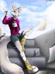  2023 5_fingers anthro blue_eyes breasts clothed clothing day detailed_background digital_media_(artwork) domestic_cat felid feline felis female fingers fur hi_res mammal open_mouth outside pink_nose sky smile tai_l_rodriguez teeth tongue white_body white_fur 