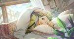  1boy bed bed_sheet blanket day fingernails green_eyes green_hair hairband highres idolmaster idolmaster_side-m idolmaster_side-m_growing_stars male_focus mitarai_shouta official_art one_eye_closed open_mouth open_window picture_frame pillow plant sky smile teeth third-party_source upper_teeth_only window wristband 