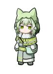  1girl animal_ears animal_hat arknights bag bangs capelet chibi closed_mouth coat commentary_request eyebrows_hidden_by_hair fake_animal_ears full_body green_capelet green_eyes green_headwear green_mittens grey_coat grey_footwear grey_hair han_han_xiao_leng hat highres kal&#039;tsit_(arknights) long_sleeves looking_at_viewer mittens puffy_long_sleeves puffy_sleeves ribbon-trimmed_capelet shoes shoulder_bag simple_background sleeves_past_wrists solo standing white_background 