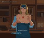  1boy 1girl absurdres amugea arms_behind_back biting_own_lip blonde_blazer blue_dress blue_gloves blue_mask blush breasts breasts_out choice closed_eyes dispatch domino_mask dress english_text eye_mask foreplay gameplay_mechanics gem gloves grabbing_another's_breast grabbing_from_behind groping hetero highres large_breasts long_dress long_hair mask nipples red_gem robert_robertson solo_focus strapless strapless_dress subtitled 