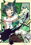  1girl absurdres animal_ears blush breasts brown_shorts commentary_request ears_through_headwear gloves green_eyes green_hair green_vest hat highres holding holding_stylus holding_tablet_pc horse_ears horse_girl horse_tail ink ink_on_face jacket kiseki_(miracle_author)_(umamusume) kiseki_(umamusume) looking_at_viewer multicolored_hair open_mouth short_hair shorts smile solo streaked_hair stylus tablet_pc tail umamusume vest white_gloves white_jacket white_streaks ya03illustrate yellow_hat 