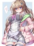  1girl 9-nine- :< ? absurdres belt blue_background blue_eyes border breasts breath brown_hair buttons cardigan closed_mouth commentary cowboy_shot double-breasted dress eyes_visible_through_hair frown gabanborjarnon gear_hair_ornament grey_belt hair_between_eyes hair_ornament hakusen_academy_school_uniform hands_on_own_hips highres impossible_clothes impossible_dress kujou_miyako large_breasts long_hair long_sleeves looking_down open_cardigan open_clothes outside_border pink_cardigan pleated_dress school_uniform short_dress simple_background solo speech_bubble spoken_question_mark star_(symbol) star_print sweatdrop thighhighs v-shaped_eyebrows very_long_hair weight_conscious white_border white_dress white_thighhighs wing_hair_ornament zettai_ryouiki 
