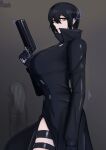  ! 1girl absurdres black_coat black_hair blame! blue_eyes breasts cibo coat commentary gun handgun highres holding holding_gun holding_weapon long_sleeves looking_at_viewer penamon sanakan short_hair solo thigh_strap weapon 