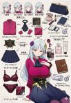  1girl ai-generated arrow_(symbol) bottle breasts commentary compass diary english_text fate/strange_fake fate_(series) fillia_(fate) hair_ornament hairpin highres large_breasts lipstick makeup multiple_expressions perfume_bottle pleated_skirt sitting skirt takotama02 underwear white_background white_hair 
