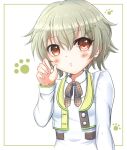  1girl anjou_seira black_bow black_bowtie blush bow bowtie commentary_request cropped_jacket cue! dress green_hair hair_between_eyes hair_ornament hairclip hand_up inset_border jacket kano_shiho long_sleeves looking_at_viewer open_clothes open_jacket parted_lips red_eyes short_hair solo upper_body white_dress white_jacket 