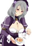  1girl absurdres apron artist_name assault_lily blush breasts cleavage closed_mouth commentary_request cowboy_shot cross-laced_clothes cross-laced_dress cup dress flower frilled_dress frills grey_hair hair_ribbon hands_up hata_matsuri highres holding holding_pitcher holding_saucer jewelry juliet_sleeves large_breasts leaning_forward long_hair long_sleeves looking_at_viewer maid maid_headdress medium_hair milk neck_ribbon necklace official_alternate_costume pendant pitcher_(container) pouring puffy_sleeves purple_apron purple_dress purple_eyes purple_flower purple_ribbon ribbon saucer senri_(senri03151221) side_slit simple_background smile solo standing tea teacup waist_apron white_background 