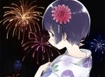  1girl aerial_fireworks bad_id bad_tumblr_id black_background blunt_bangs blunt_tresses commentary_request eromanga_sensei fireworks floral_print flower from_behind fujiyama hair_flower hair_ornament hand_on_own_chest hand_up japanese_clothes kanzashi kimono light_blush looking_at_viewer looking_back morning_glory_print nape night outdoors print_kimono profile purple_eyes purple_hair senju_muramasa short_hair sideways_glance solo summer_festival tareme tsumami_kanzashi upper_body yukata 