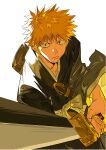  1boy absurdres bleach closed_mouth commentary highres holding holding_sword holding_weapon kurosaki_ichigo looking_at_viewer male_focus orange_hair shihakusho short_hair simple_background solo spiked_hair sword untranslatable_commentary upper_body weapon white_background xi_luo_an_ya zanpakutou 
