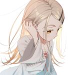  1girl absurdres blonde_hair collarbone colored_eyelashes commentary_request earrings flat_chest flipped_hair gakuen_idolmaster hair_ornament hairclip hand_on_own_ear highres idolmaster jacket jewelry long_hair long_sleeves open_mouth orange_eyes shinosawa_hiro simple_background solo tsunenorip white_background 