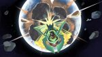  1other absurdres black_eyes bright_pupils colored_sclera commentary debris destruction english_commentary explosion fangs helmet highres mega_pokemon mega_rayquaza meteor motion_blur nganlamsong nostrils open_mouth planet pokemon pokemon_oras rayquaza red_sclera riding riding_pokemon satellite skin_fangs space space_helmet spacesuit star_(sky) white_pupils 