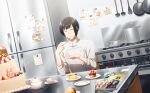  1boy bangs black_hair breasts cake closed_eyes cup fingernails food fruit highres idolmaster idolmaster_side-m idolmaster_side-m_live_on_stage! kitchen magazine_(object) male_focus mole mole_on_breast official_art oven plate refrigerator shinonome_soichiro smile strawberry teacup third-party_source 