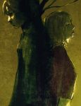  1boy 1girl absurdres back-to-back blonde_hair commentary expressionless green_jacket highres jacket james_sunderland machipachi1901 maria_(silent_hill) red_jacket shaded_face silent_hill_(series) silent_hill_2 yellow_background 