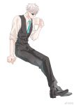  1boy aqua_eyes aqua_necktie black_pants black_shoes black_socks black_vest closed_mouth collared_shirt cup eyes_visible_through_hair from_side gojou_satoru hair_over_eyes highres holding holding_cup jujutsu_kaisen long_sleeves male_focus necktie nose pants shirt shoes short_hair simple_background sleeves_rolled_up socks sunglasses vest white_background white_hair white_shirt zhishuo418 