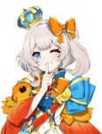  1girl absurdres blue_crown blue_eyes bow commentary crown english_commentary finger_to_mouth fish goldfish hair_bow highres marimari_(vtuber) one_eye_closed orange_bow phase_connect side_ponytail smile valefal_coneri virtual_youtuber white_background 