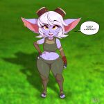  absurd_res big_ears bottom_heavy breasts clothed clothing erection female fully_clothed hair hand_on_hip hi_res humanoid humanoid_pointy_ears league_of_legends navel parvad92 riot_games short_stack small_waist solo thick_thighs tristana_(lol) white_hair wide_eyed wide_hips yordle 