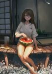  1girl absurdres arm_support bare_legs barefoot brown_eyes brown_hair chewing chinese_commentary collarbone commentary_request commission eating feet fisheye food fruit furioso highres holding holding_spoon long_hair nakazawa_kaori original porch rock second-party_source shirt short_sleeves sitting sliding_doors solo spoon sweatdrop t-shirt watermelon white_shirt 