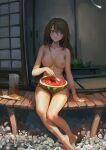  1girl absurdres arm_support bare_legs barefoot brown_eyes brown_hair chewing chinese_commentary collarbone commentary_request commission completely_nude eating feet fisheye food fruit furioso highres holding holding_spoon long_hair nakazawa_kaori nipples nude original porch rock second-party_source sitting sliding_doors solo spoon sweatdrop watermelon 