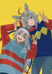  2girls ahoge animal_ears arms_up bangs breast_pocket closed_mouth denim green_eyes grey_hair hairband headband highres horse_ears horse_girl horse_tail jeans long_hair long_sleeves multicolored_shirt multicolored_sweater multiple_girls oguri_cap_(umamusume) open_mouth pants pocket rongai_rongai shirt signature simple_background smile sweater tail tamamo_cross_(umamusume) turtleneck turtleneck_sweater umamusume v yellow_background 