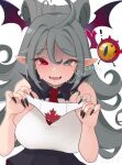  1girl ahoge black_nails blue_eyes breasts general_geega grey_hair haruka_karibu head_wings heterochromia highres indie_virtual_youtuber large_breasts leaf_print long_hair looking_at_viewer maple_leaf_print necktie open_mouth panties pointy_ears red_eyes skirt succuguts underwear virtual_youtuber white_background white_panties wings 
