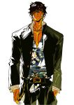  1boy absurdres black_hair black_pants bleach closed_mouth collarbone commentary dark-skinned_male dark_skin dirty dirty_face floral_print_shirt gakuran hair_over_one_eye hand_in_pocket highres jacket looking_at_viewer male_focus open_clothes open_jacket pants pectoral_cleavage pectorals sado_yasutora school_uniform shirt short_hair simple_background solo straight-on white_background xi_luo_an_ya 