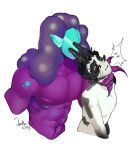  ambiguous_gender anthro claws colored duo hi_res humanoid humanoid_pointy_ears junkochi looking_pleasured male male/male moan monster muscular muscular_male neck_grab purple_body size_difference spots spotted_body tentacles teratophilia 