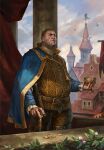  1boy architecture bald belt bird building cane cape chalice cloud cloudy_sky coin cup day european_architecture european_clothes gwent_(game) highres holding holding_cup leaf non-web_source sigismund_dijkstra sky solo the_witcher_(series) 