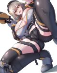  1girl absurdres ahoge anis_(nikke) artist_name beret black_hat black_shoes black_shorts black_thighhighs blue_sky breasts brown_eyes brown_hair building city cloud commentary_request destruction from_below giant giantess goddess_of_victory:_nikke gun hat highres holding holding_gun holding_weapon large_breasts looking_at_viewer looking_down natsukaze_shigure open_mouth outdoors shoes short_hair short_shorts shorts sky solo squatting thighhighs watermark weapon 