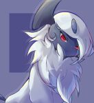  absol animal_focus artist_name closed_mouth commentary drop_shadow fur_collar highres looking_at_viewer no_humans pokemon pokemon_(creature) purple_background red_eyes shia_(shi12_poke) short_hair sidelocks signature simple_background solo upper_body white_hair 