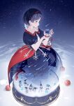  1girl apple apple_peel black_hair bloomers blue_eyes blush braid check_commentary commentary_request cosplay dwarf food fruit highres holding holding_food holding_fruit holding_snow_globe original pale_skin short_hair snow snow_globe snow_white_(fairy_tale) snow_white_(fairy_tale_character) snowflakes star_(sky) surreal wakuseiy 
