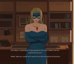 1girl absurdres amugea arms_under_breasts bare_shoulders blonde_blazer blonde_hair blue_dress blue_eyes blue_gloves blue_mask breasts cleavage crossed_arms curvy dispatch domino_mask dress elbow_gloves english_text eye_mask gem gloves highres jewelry large_breasts long_dress long_hair looking_at_viewer mask necklace red_gem side_slit smile solo strapless strapless_dress subtitled variant_set 
