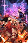  2girls asymmetrical_clothes bandana black_hair black_leotard black_lips boots breasts daredevil_(series) dcwj debris destruction elektra_natchios fighting highleg highleg_leotard highres katana leotard marvel multiple_girls official_art psylocke purple_hair red_bandana red_leotard sai_(weapon) sash single_strap sword thigh_boots thighhighs thighs waist_sash weapon x-men 