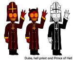  absurd_res anthro clothing demon dictatortime duke_the_friendly fantastika fantasy headgear headwear hi_res horn humanoid humanoid_pointy_ears male pointy_fingers red_body religion religious_clothing religious_headwear sharp_teeth solo tall teeth yellow_eyes 