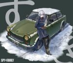  1girl absurdres black_eyes blue_coat boots car coat coffee coffee_cup commentary commentary_request cup disposable_cup fiona_frost ground_vehicle highres motor_vehicle narbera1_marble short_hair snow solo spy_x_family steam trabant turtleneck white_hair 