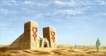  abandoned algoinde arch artist_name bare_bush building cactus commentary day desert english_commentary entrance highres minecraft no_humans outdoors plant pyramid_(structure) sand shadow sky temple 