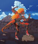  absurd_res anthro back_muscles biceps black_body briefthief butt clothed clothing cloudscape detailed_background dinosaur fire flaming_hair footwear fossil_fighters furgonomic_underwear furgonomics grey_body hi_res jockstrap looking_back male markings mountain muscular muscular_anthro muscular_male muscular_thighs open_toe_footwear orange_body orange_markings presenting presenting_hindquarters pseudo_hair red_body red_markings reptile rock scalie shoes shoes_on sky solo tail theropod tyrannosaurid tyrannosaurus tyrannosaurus_rex underwear volcano yellow_eyes 
