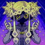  1girl absurdres artist_name black_skin blonde_hair colored_skin commentary_request double_bun dripping_eye e-8ikari elbow_gloves gloves hair_bun hands_up highres looking_at_viewer mismatched_pupils original partial_commentary solo spiked_gloves spiked_hair straight-on symbol-shaped_pupils upper_body x-shaped_pupils 