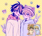  2boys animal_costume animal_hat animal_hood animal_print black_hair blonde_hair blue_eyes blush_stickers cat_costume cat_hat cat_hood cat_tail chibi cosplay earrings green_eyes grin hair_between_eyes hair_over_one_eye hanemiya_kazutora hat hat_with_ears highres hood hood_up hoodie jewelry kigurumi long_sleeves male_focus matsuno_chifuyu mole mole_under_eye multicolored_hair multiple_boys neck_tattoo ocolayapap open_mouth orange_eyes purple_hoodie short_hair single_earring smile tail tattoo tiger_costume tiger_hood tiger_print tiger_tail tiger_tattoo tokyo_revengers two-tone_hair upper_body v wolf_cut yellow_hoodie 