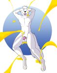  anthro antoszowa arctic_fox balls bodily_fluids canid canine chastity_cage chastity_device cum ejaculation fox fur genital_fluids genitals golden_shower hi_res lying male mammal on_back on_ground peeing smile solo solo_focus urine watersports white_body white_fur 