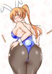  1girl absurdres animal_ears ass bangs black_pantyhose blue_leotard blush breasts brown_eyes choker dead_or_alive fake_animal_ears from_behind hands_on_hips highres kasumi_(doa) large_breasts leotard looking_at_viewer looking_back mikan_ame_q open_mouth orange_eyes orange_hair pantyhose playboy_bunny ponytail rabbit_ears rabbit_tail sideboob solo surprised tail white_choker 
