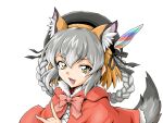  1girl animal_ear_fluff animal_ears cape flerov fox_ears fox_girl fox_tail grey_hair hat hat_feather island_fox_(kemono_friends) kemono_friends kemono_friends_v_project long_hair looking_at_viewer multicolored_hair open_mouth orange_hair ribbon simple_background solo tail virtual_youtuber yellow_eyes 