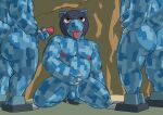  2023 anthro balls bandai_namco blue_body butt cave claws commandramon day desert digimon digimon_(species) digital_drawing_(artwork) digital_media_(artwork) digital_painting_(artwork) dinosaur erection genitals group hand_on_hip hand_on_penis hi_res humanoid humanoid_genitalia humanoid_penis looking_up male male/male markings mask nipples nude open_mouth penis reptile scalie shaded simple_background simple_shading tongue trio vixxier yellow_eyes 