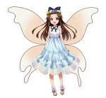  1girl ai-generated artist_request blue_bow blue_dress bow brown_hair dress flower flower_wreath full_body long_hair looking_at_viewer non-web_source simple_background sleeveless sleeveless_dress solo source_request standing star_sapphire tagme touhou white_background wings 