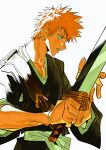  1boy absurdres bleach closed_mouth commentary highres holding holding_sword holding_weapon kurosaki_ichigo male_focus orange_hair shihakusho short_hair simple_background solo spiked_hair sword teeth untranslatable_commentary upper_body weapon white_background xi_luo_an_ya zanpakutou 