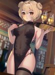  1girl alternate_hairstyle baby_bao bare_arms black_dress black_thighhighs blonde_hair blurry blurry_background breasts china_dress chinese_clothes closed_mouth cowboy_shot cup double_bun dress drinking_glass genshin_impact hair_bun highres holding holding_tray looking_at_viewer lumine_(genshin_impact) medium_breasts navel open_mouth panties panty_peek pelvic_curtain see-through see-through_dress short_hair single_thighhigh smile solo thighhighs tray underwear yellow_eyes 